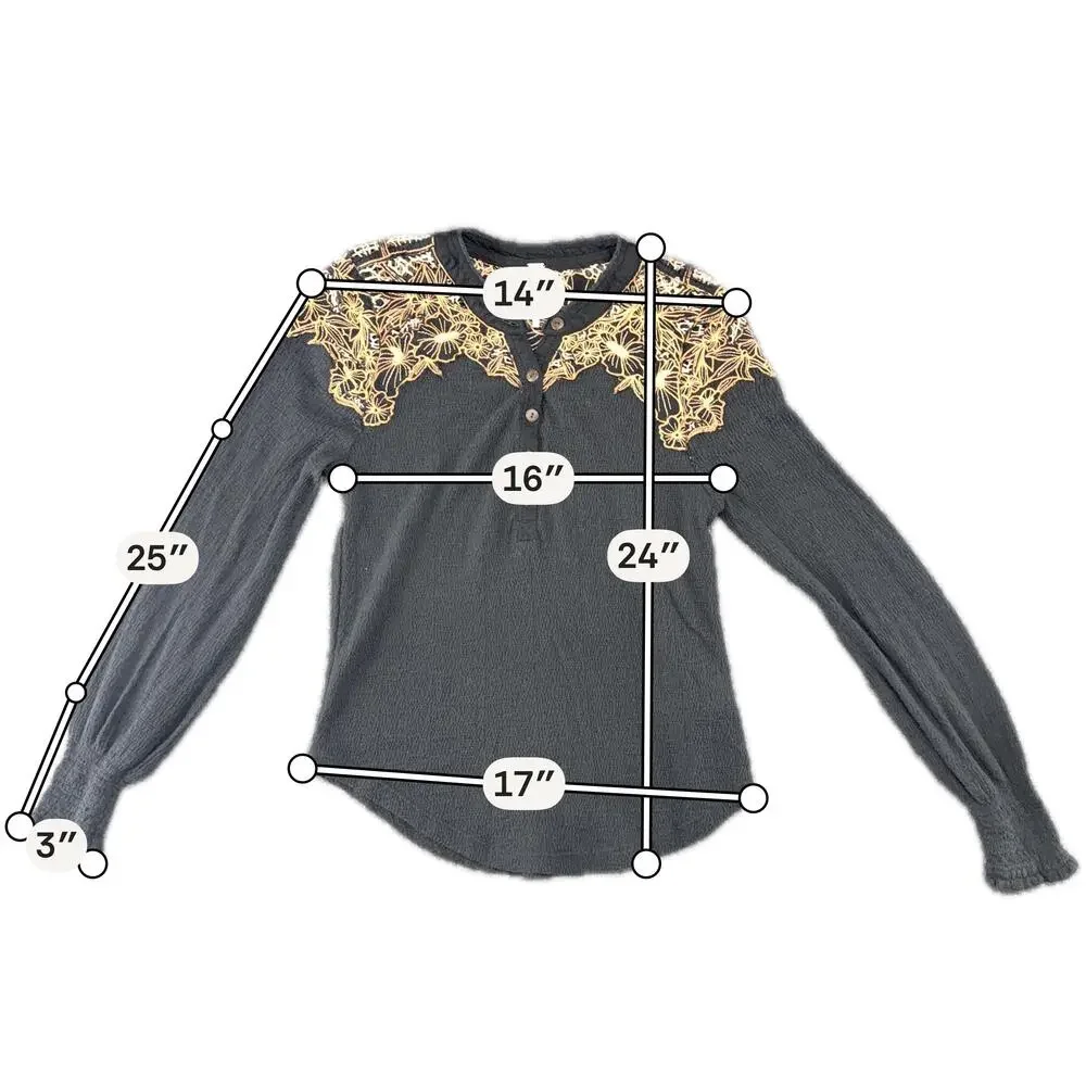 Free People Shirt Womens Medium Black Henley Embroidered Floral Long Sleeve Top